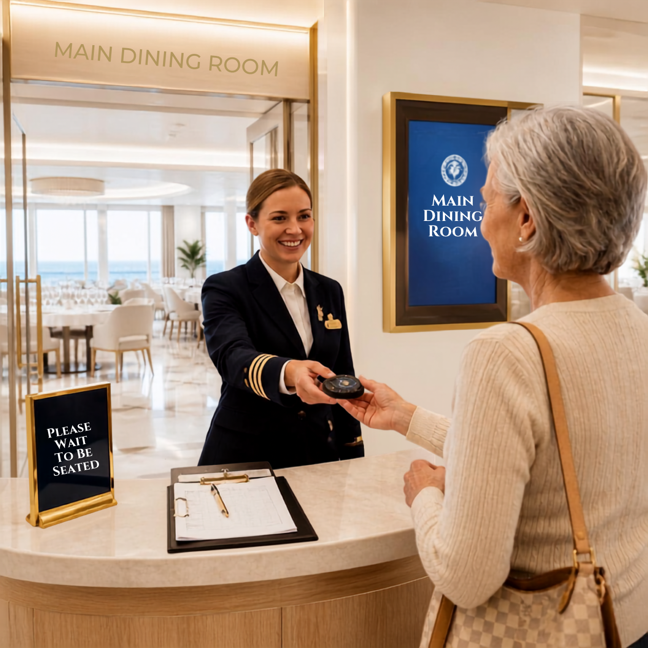 Lady being handed a buzzer outside a main dining room with sign “wait to be seated”