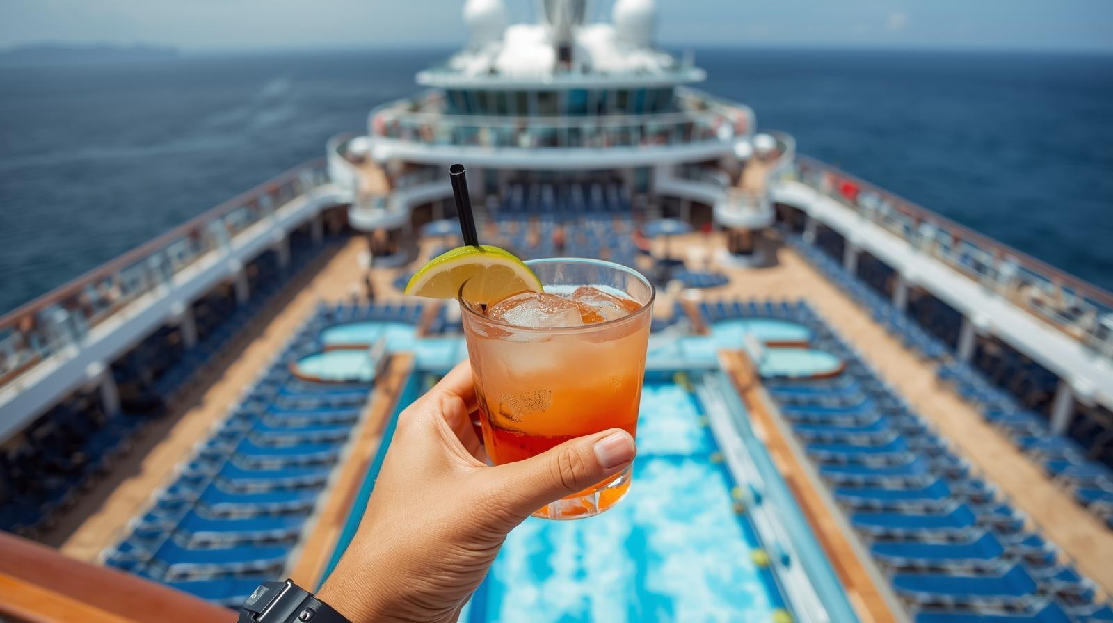 An unfocused background of a cruise deck with hand holding a cocktail in foreground