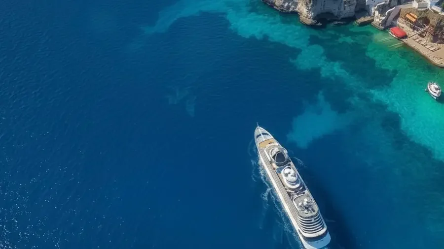 Aerial view of cruise ship sailing pas a Greek island.