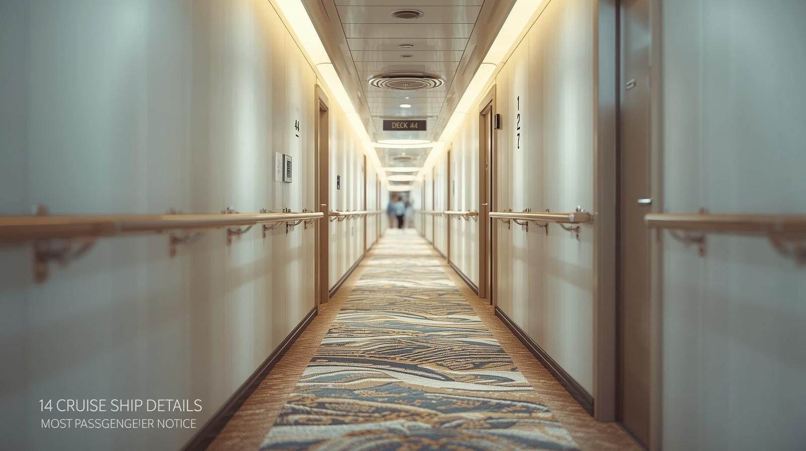 Cruise ship corridor showing carpets and design details passengers rarely notice, including deck numbering that skips 13