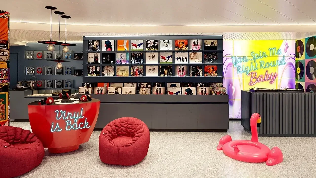 Virgin Voyages Record shop & Karaoke, Voyage Vinyl, on Scarlet Lady.