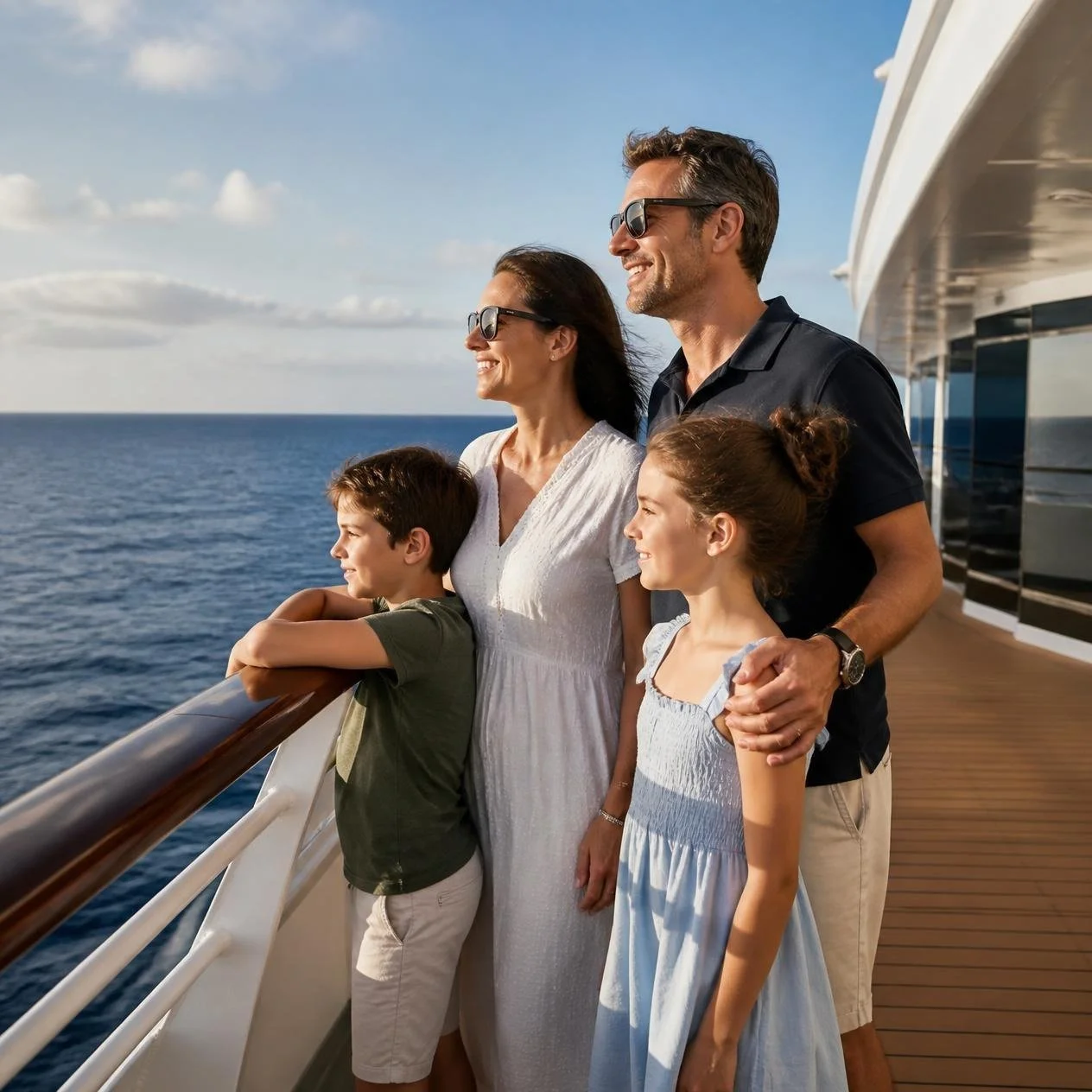 Family enjoying a cruise holiday on an outdoor ship deck