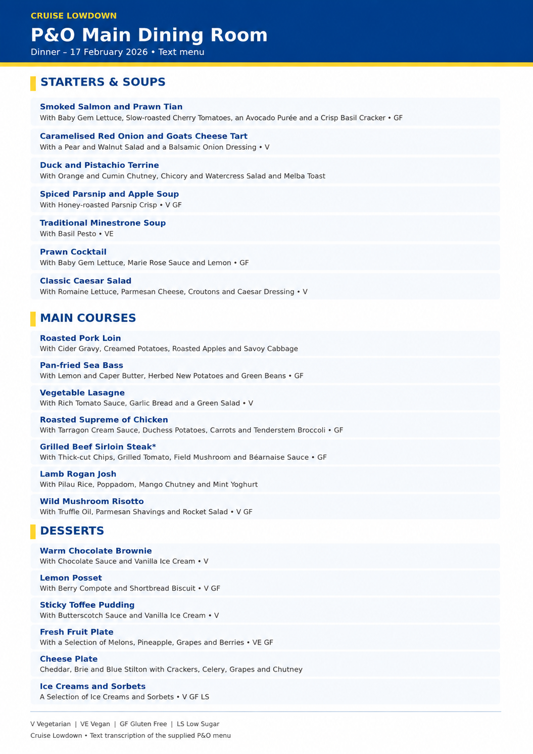 P&O Cruises MDR/Freedom Dining/Club Dining Dinner Menu 5 Transcription.