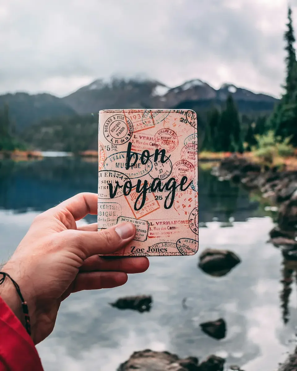 A hand holding up a passport with scenic landscape in background - check passport and visa requirements