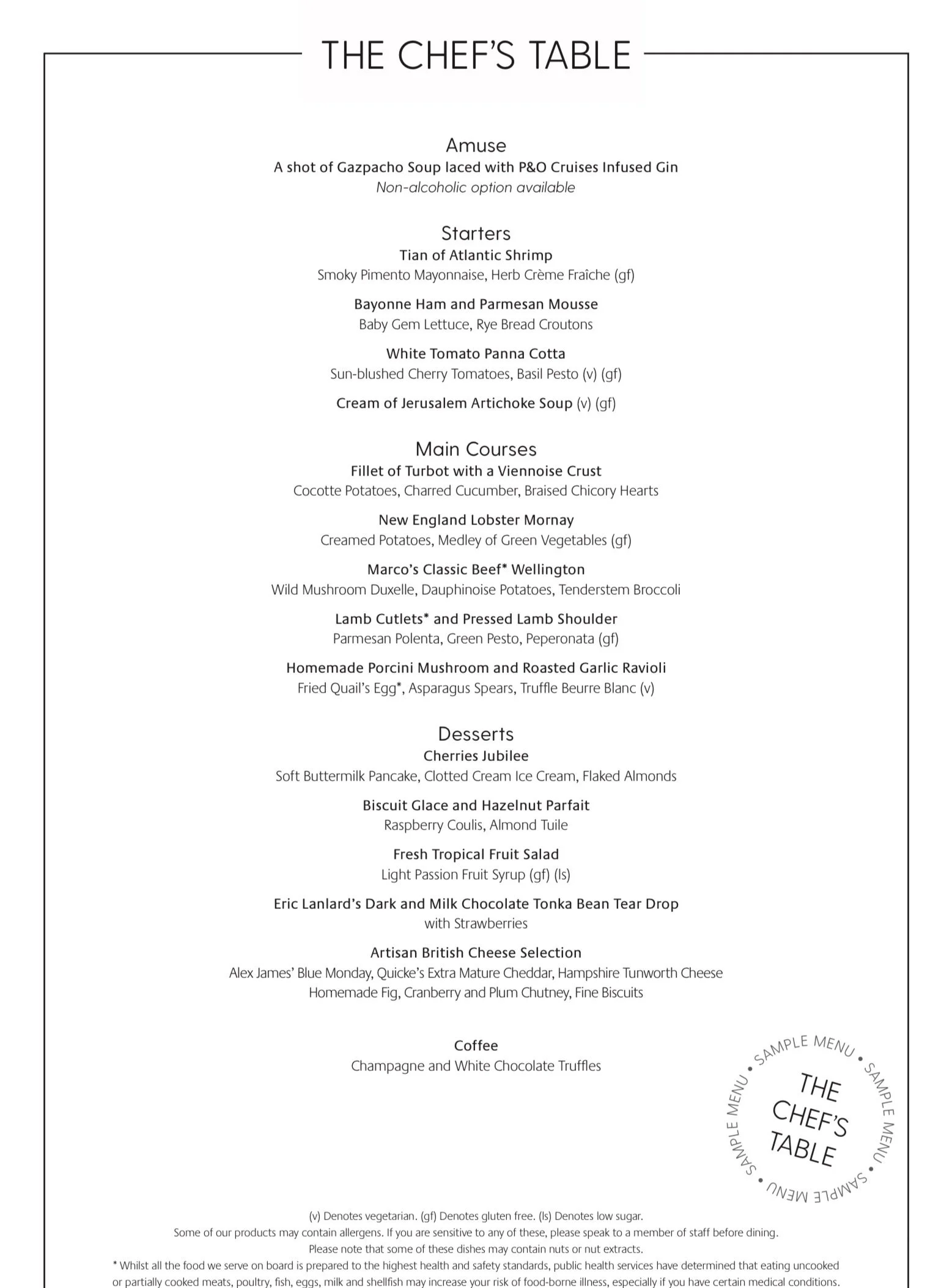 The Chef’s Table sample menu on P&O Cruises