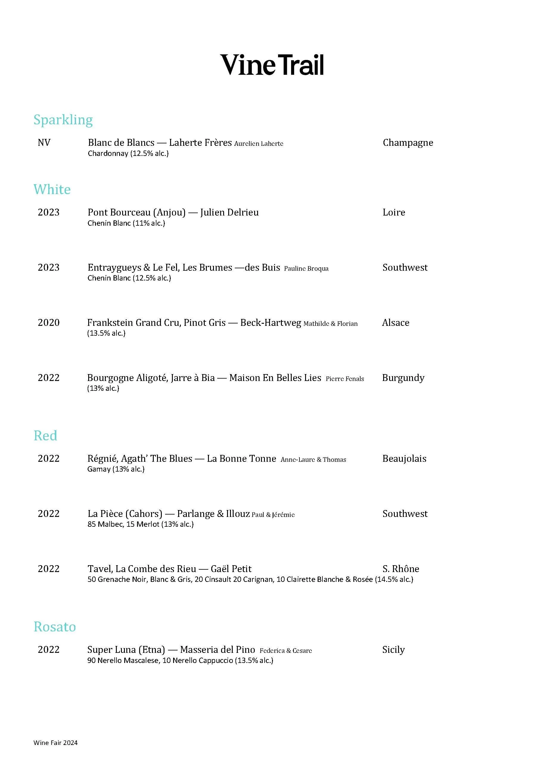 Wine list menu titled 'VineTrail' featuring categories for Sparkling, White, Red, and Rosato wines, with various wine options, years, regions, and alcohol percentages.