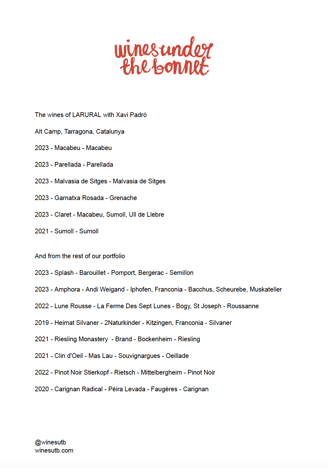 Wine list titled 'Wines Under the Bonnet' with vintage and varietal details, logos in red, black text on white background, includes wines from Tarragona, Sitges, Llebre, and other regions.