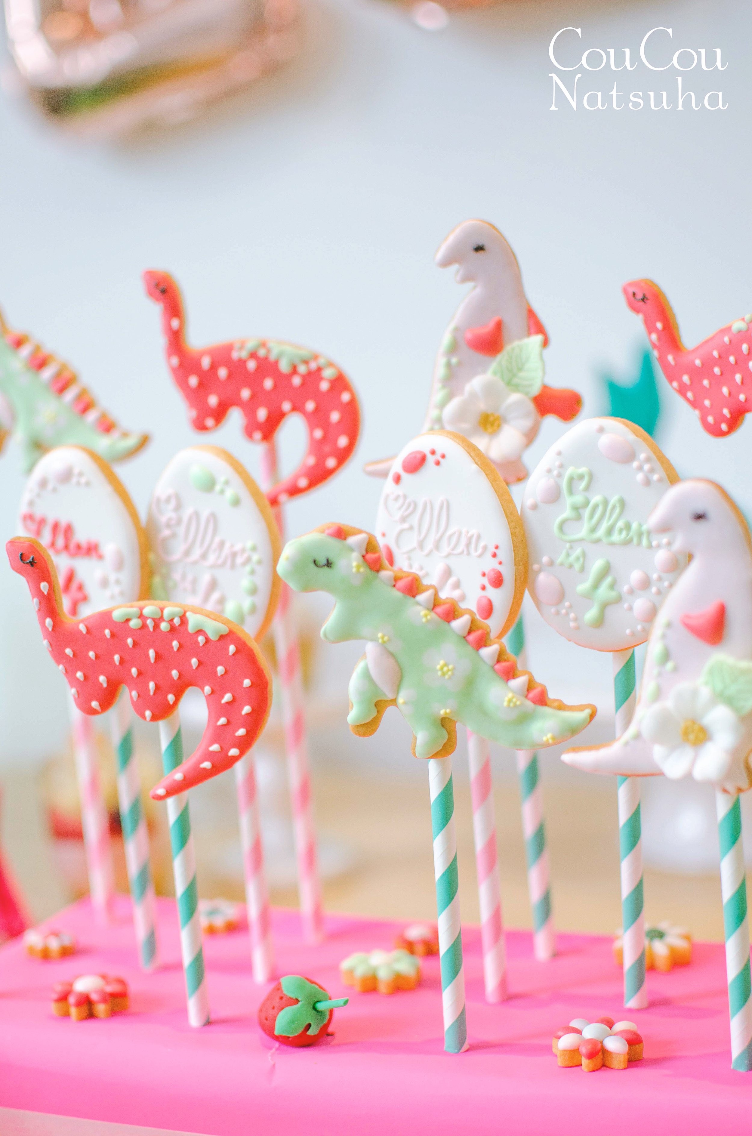 Strawberries Motif Dinosaurs Icing Cookies