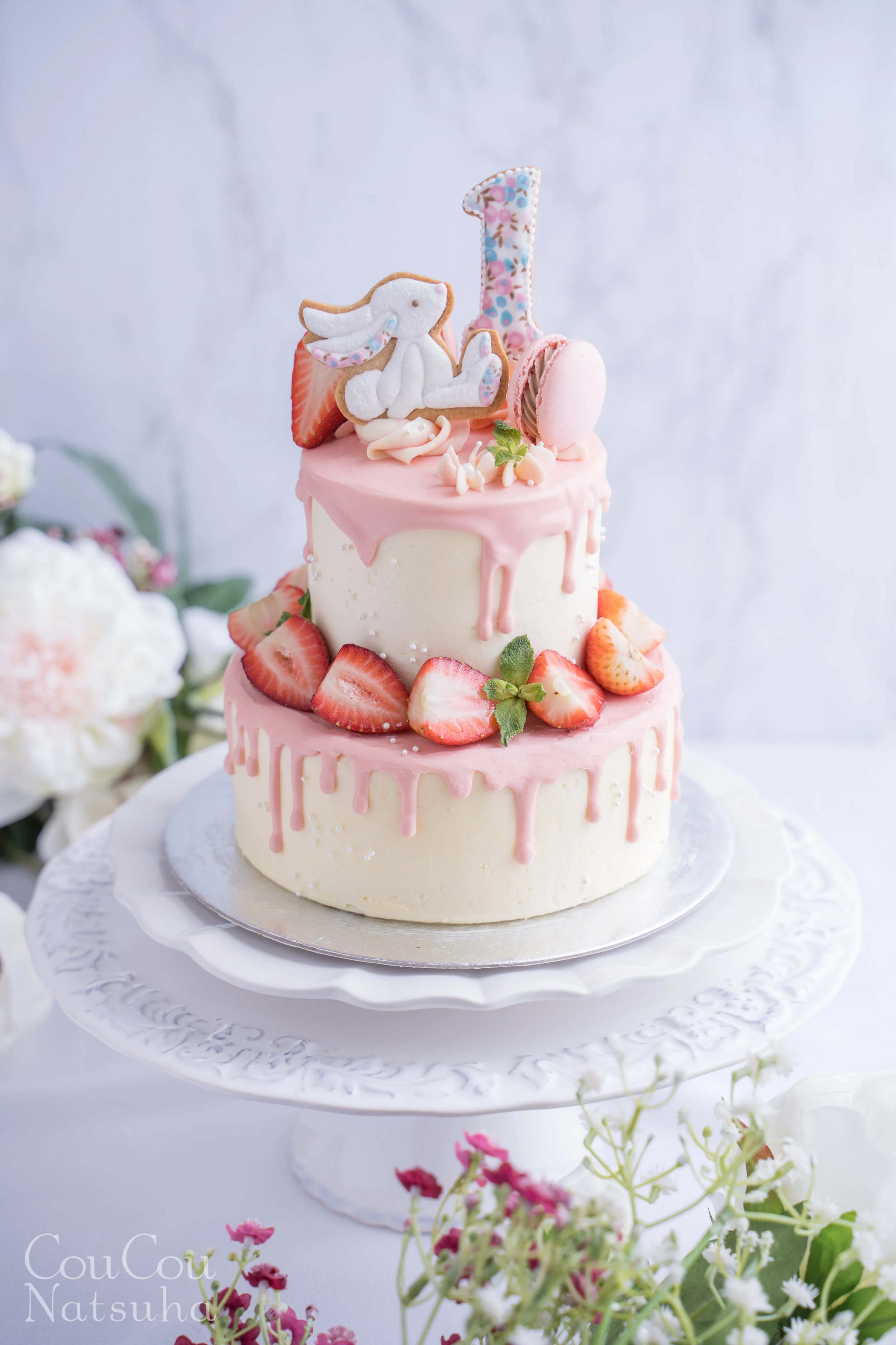 Liberty Bunny Two Tier Pink Drip Cake - リバティうさぎのファーストバースデーケーキ
