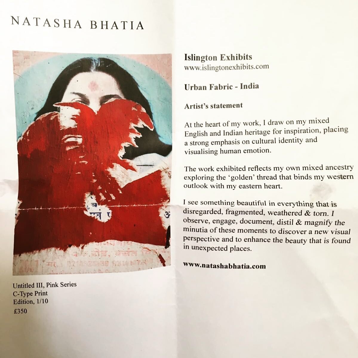 Just found this crumpled print out from Islington Exhibits! (it appears I do keep everything!) 

I will always love my &lsquo;Red Lady&rsquo;! She is available in 3 print sizes. Please DM me or see my website for details - www.natashabhatia.com

#ini