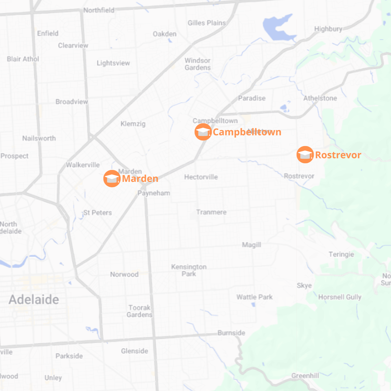 Map showing Piano Generation studio locations in Marden, Campbelltown and Rostrevor, Adelaide.