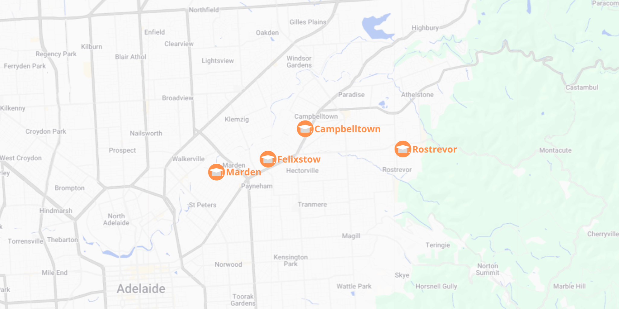 Map showing Piano Generation studio locations in Marden, Campbelltown, Rostrevor, Felixstow, and Adelaide.