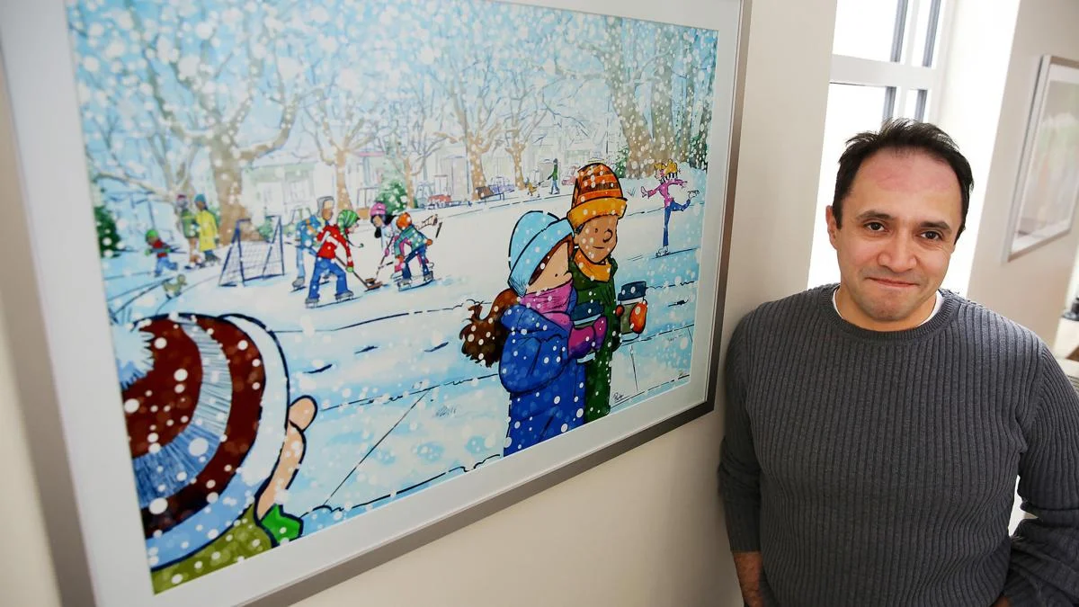 Davenport artist Jason Platt talks about one of two new drawings he did for St. Paul Lutheran Church in Davenport depicting two seasons of activity in Vander Veer Botanical Park.