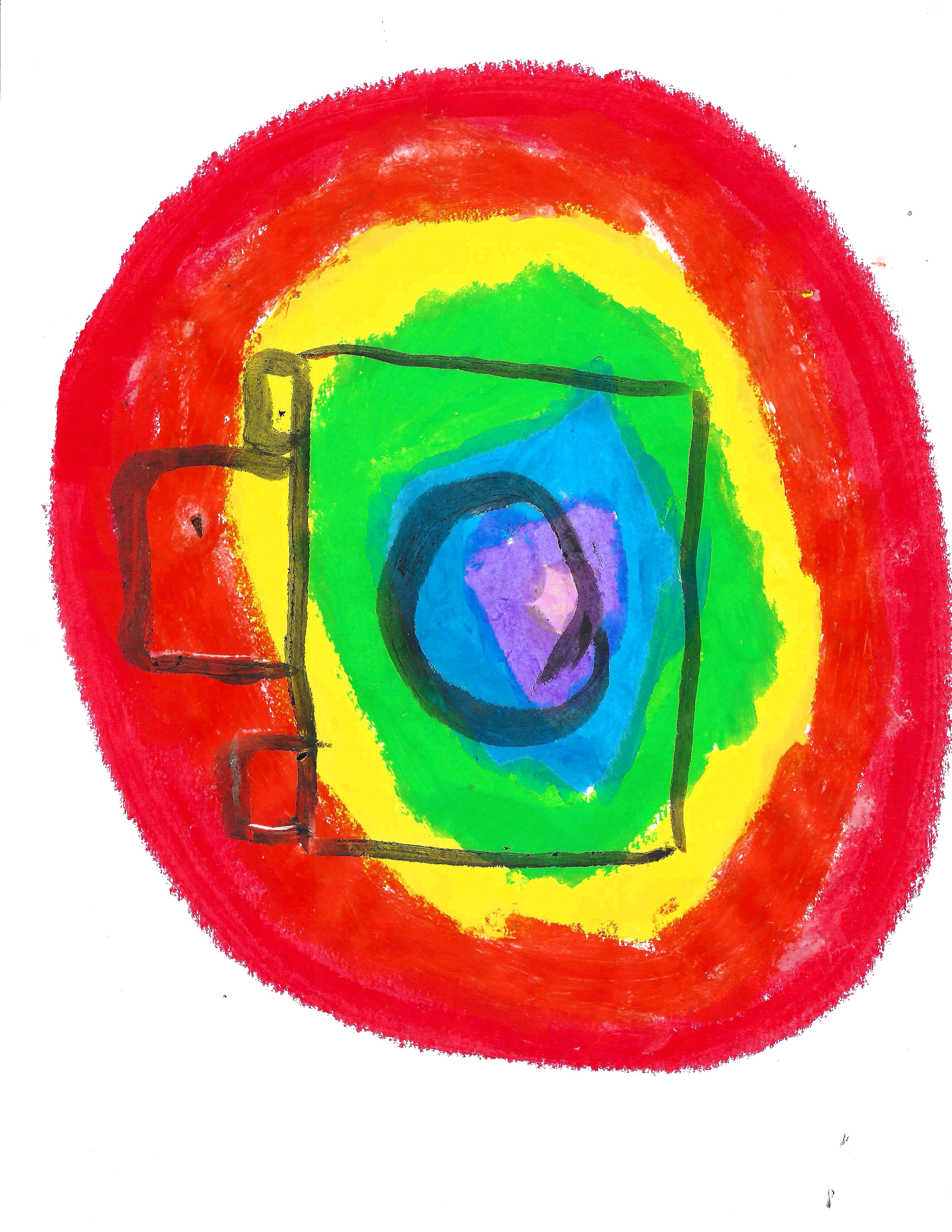 A colorful abstract drawing of a rainbow with a red outer arc, followed by orange, yellow, green, blue, purple, and black  shape layered over a watercolor-style background.