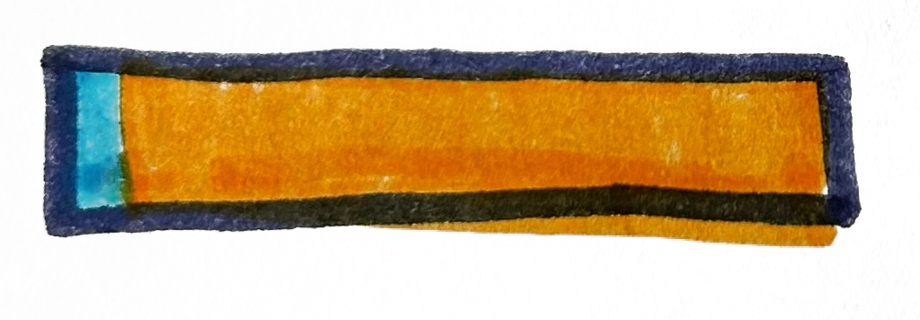 Hand-drawn rectangular object with a blue edge, orange center, and black line, on a light background.