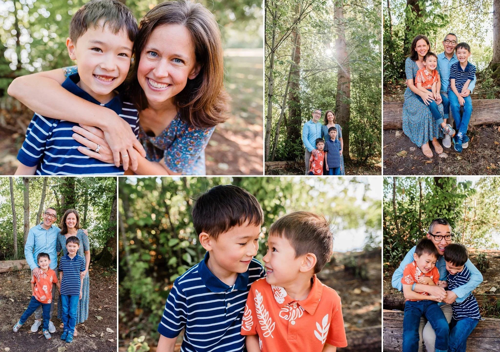 family has a happy photoshoot in the woods at Matthews beach seattle short sessions mini sessions
