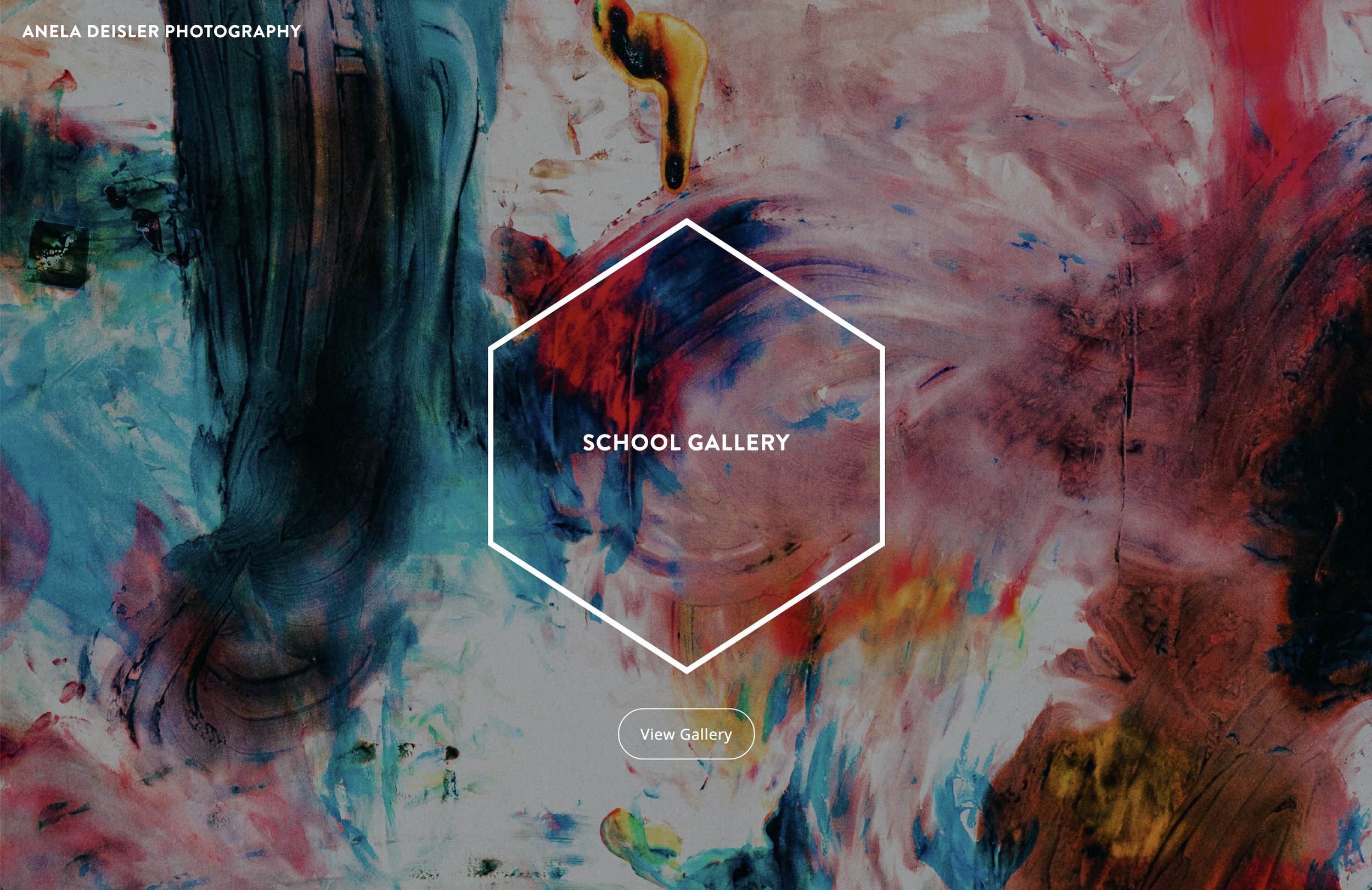 Abstract colorful painting with shades of blue, red, pink, and yellow, serving as a background for the text 'School Gallery' and a button labeled 'View Gallery'