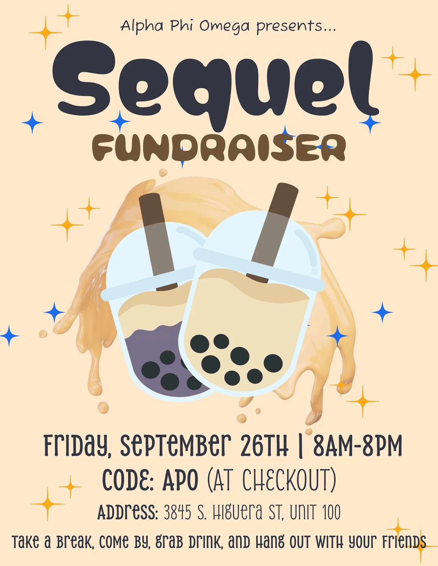 Who needs an excuse for boba? 👀🧋 Consider this your official PSA: cravings = justified! 🚨💛 Swing by Sequel Tea this Friday, Sept 26th (8AM&ndash;8PM), use code APO at checkout, and support Alpha Phi Omega while you treating yourself ✨🤭