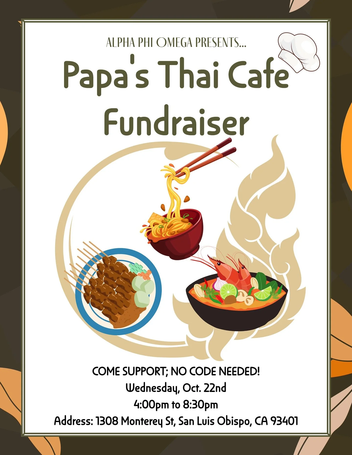 Going strong with our 3rd fundraiser, Papa&rsquo;s Thai Cafe! Come enjoy some yummy dinner and comfort food, while also supporting APO, this Wednesday, October 22nd from 4-8:30PM! NO CODE NEEDED!! I mean who doesn&rsquo;t love food?! 💙💛