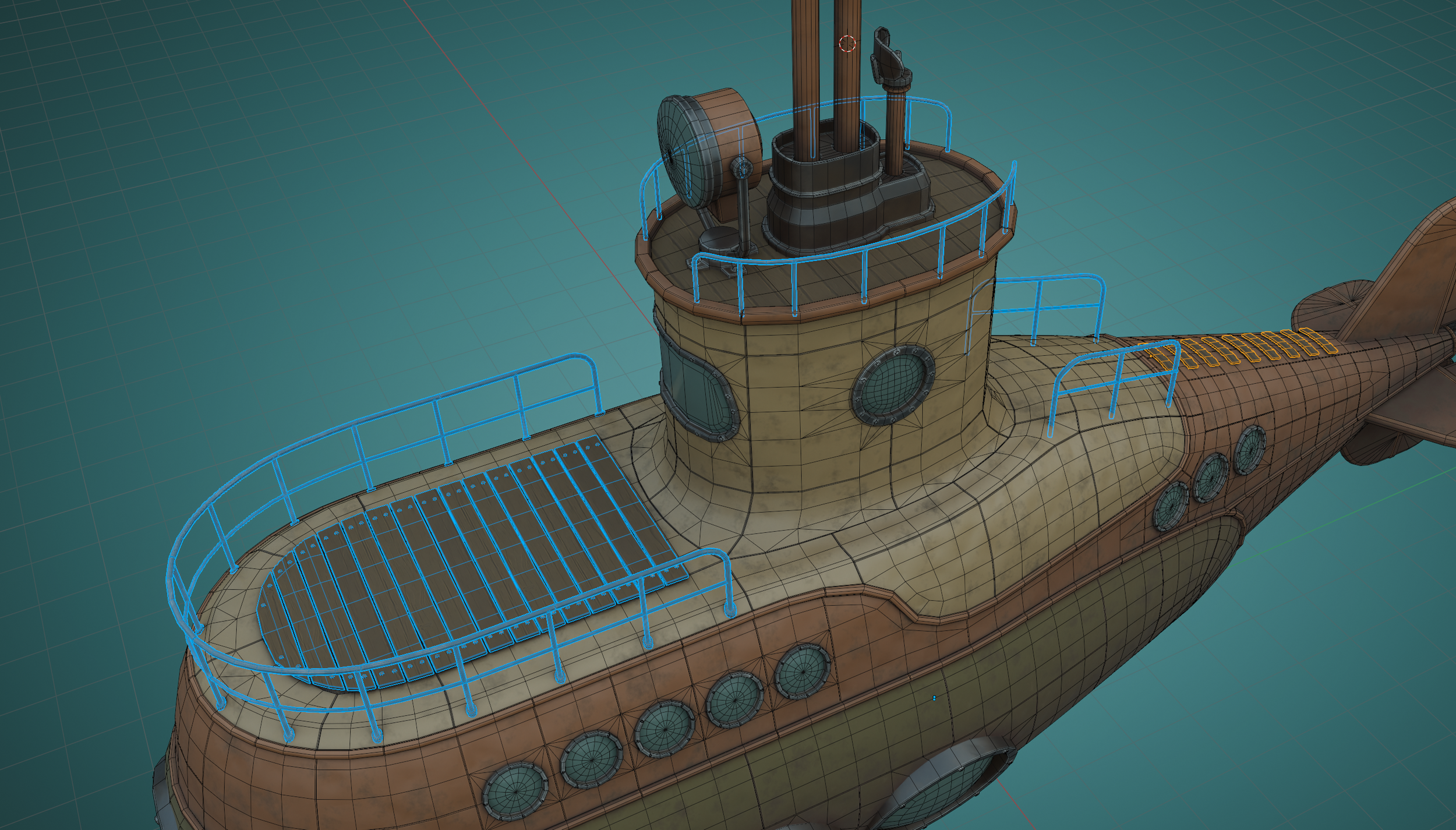 Close-up of the submarine wireframe in Blender, showing the panel breakdown used by the spray-paint system.