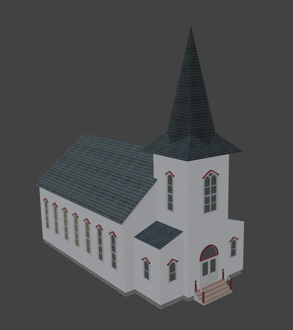 A white church with a gray shingled roof and a tall steeple, red accents around the windows and door, and steps leading up to the entrance.