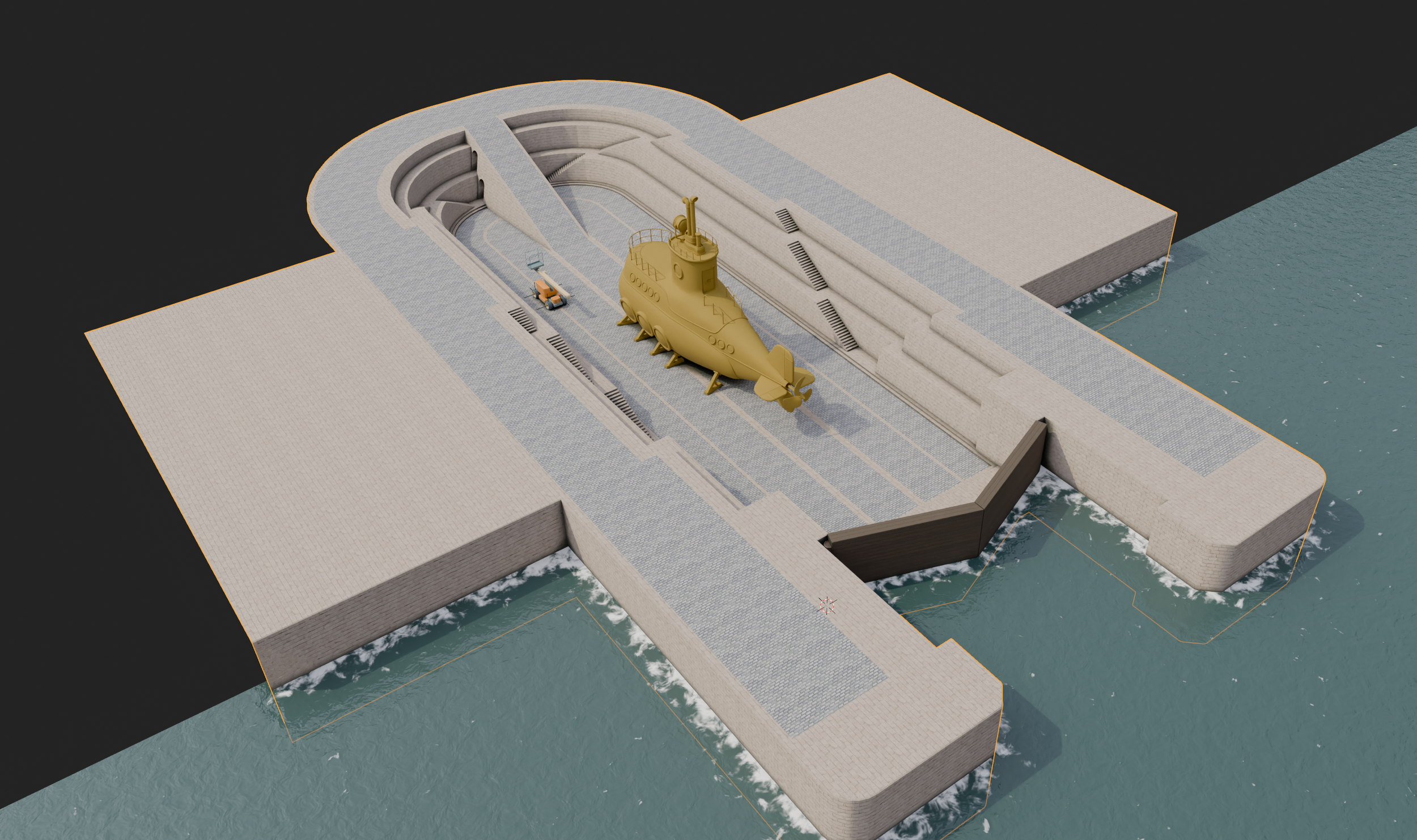 3D rendering of a dam with a large yellow submarine and a small boat nearby, situated on water next to a large concrete structure.