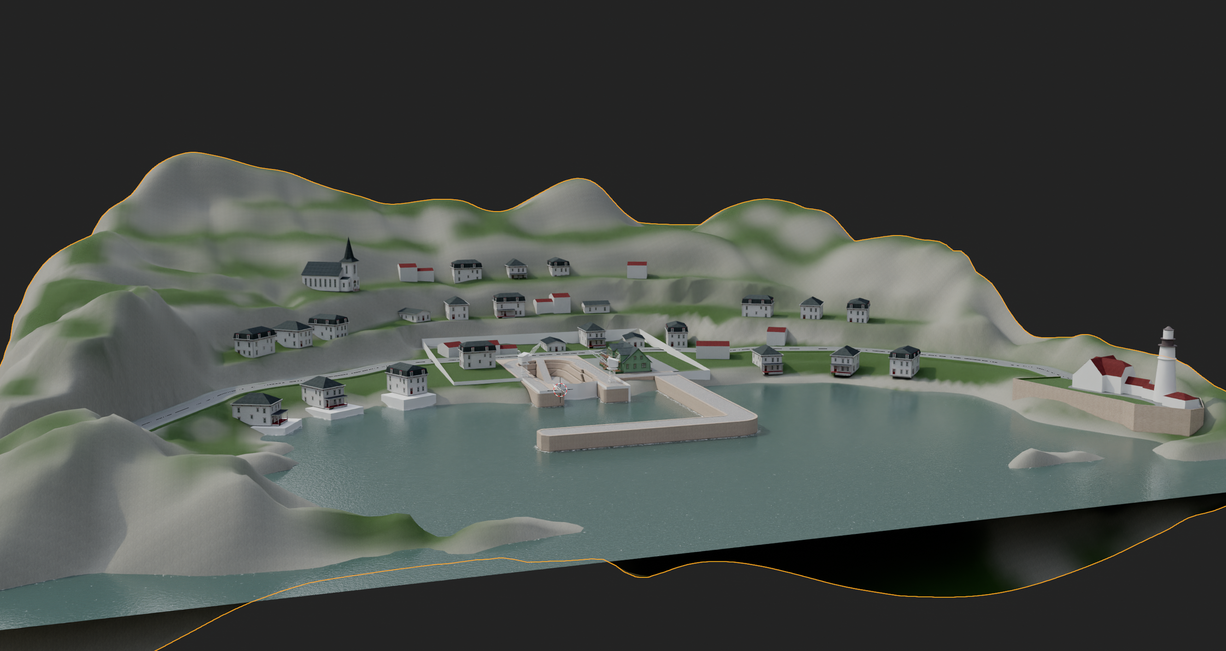 A miniature model of a coastal town with houses, a church, a harbor, and a lighthouse, surrounded by hills and water.