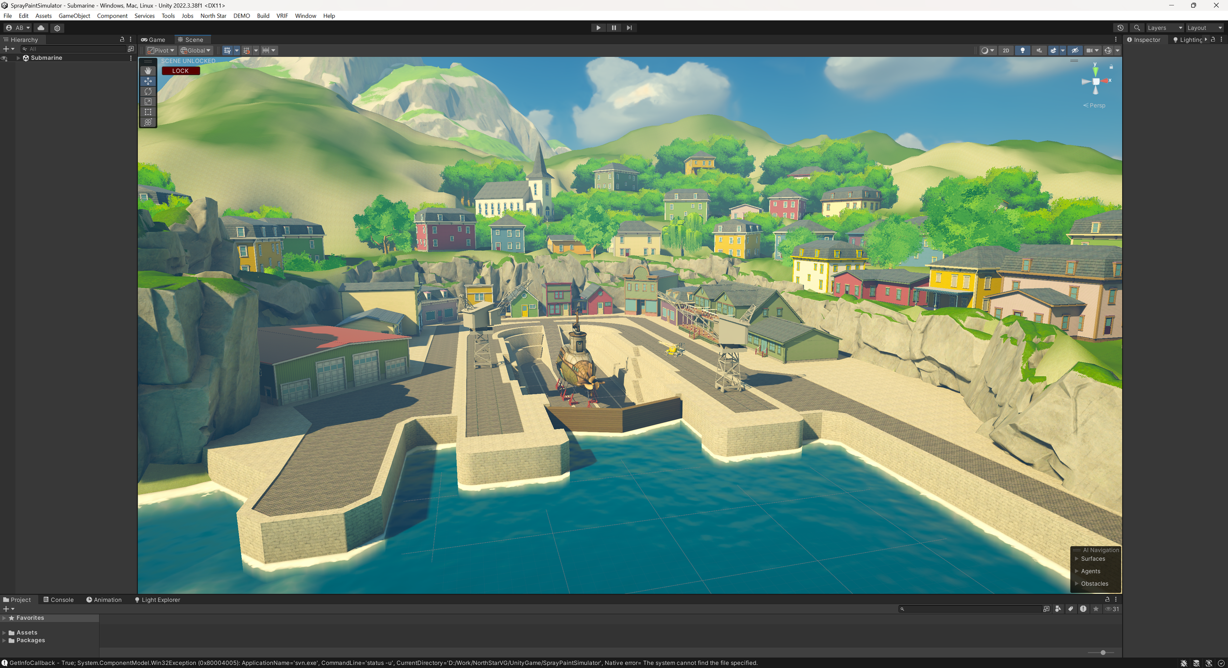 Coastal town and harbour blockout created for the Submariner DLC, showing the stepped layout down to the dock.