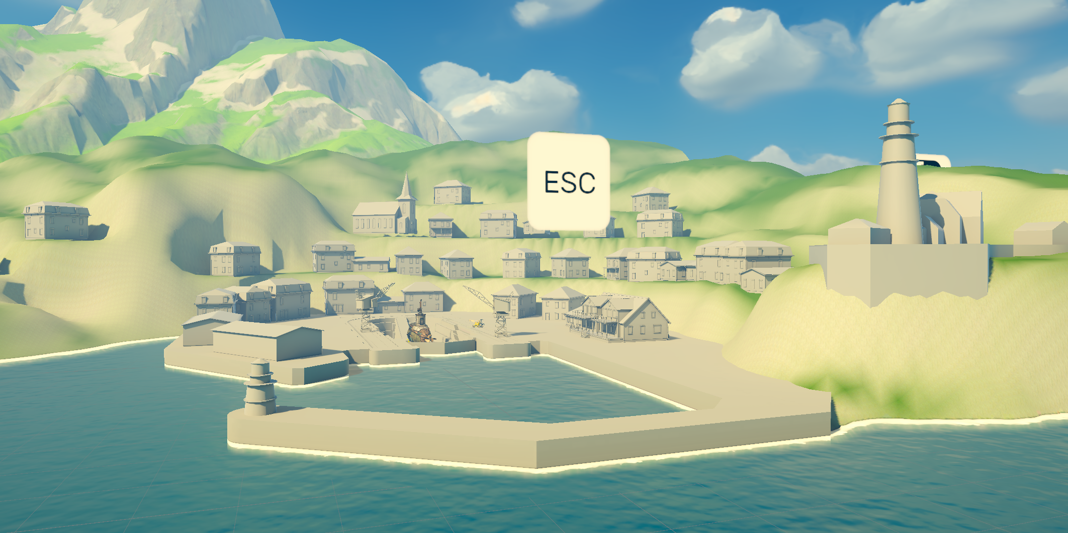 A stylized digital rendering of a coastal town built on a hillside with a mix of residential and industrial buildings, a body of water, and a mountainous background, featuring a large white ESC text overlay in the sky.