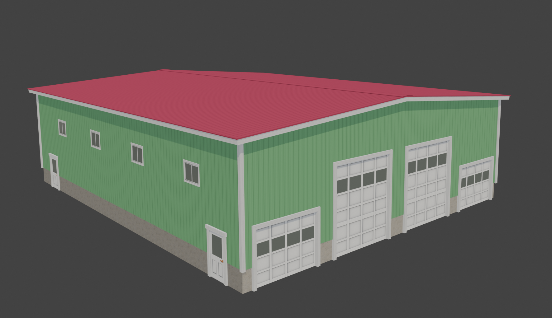 3D model of a large barn with green siding, a red roof, and multiple white garage doors, set against a dark background.