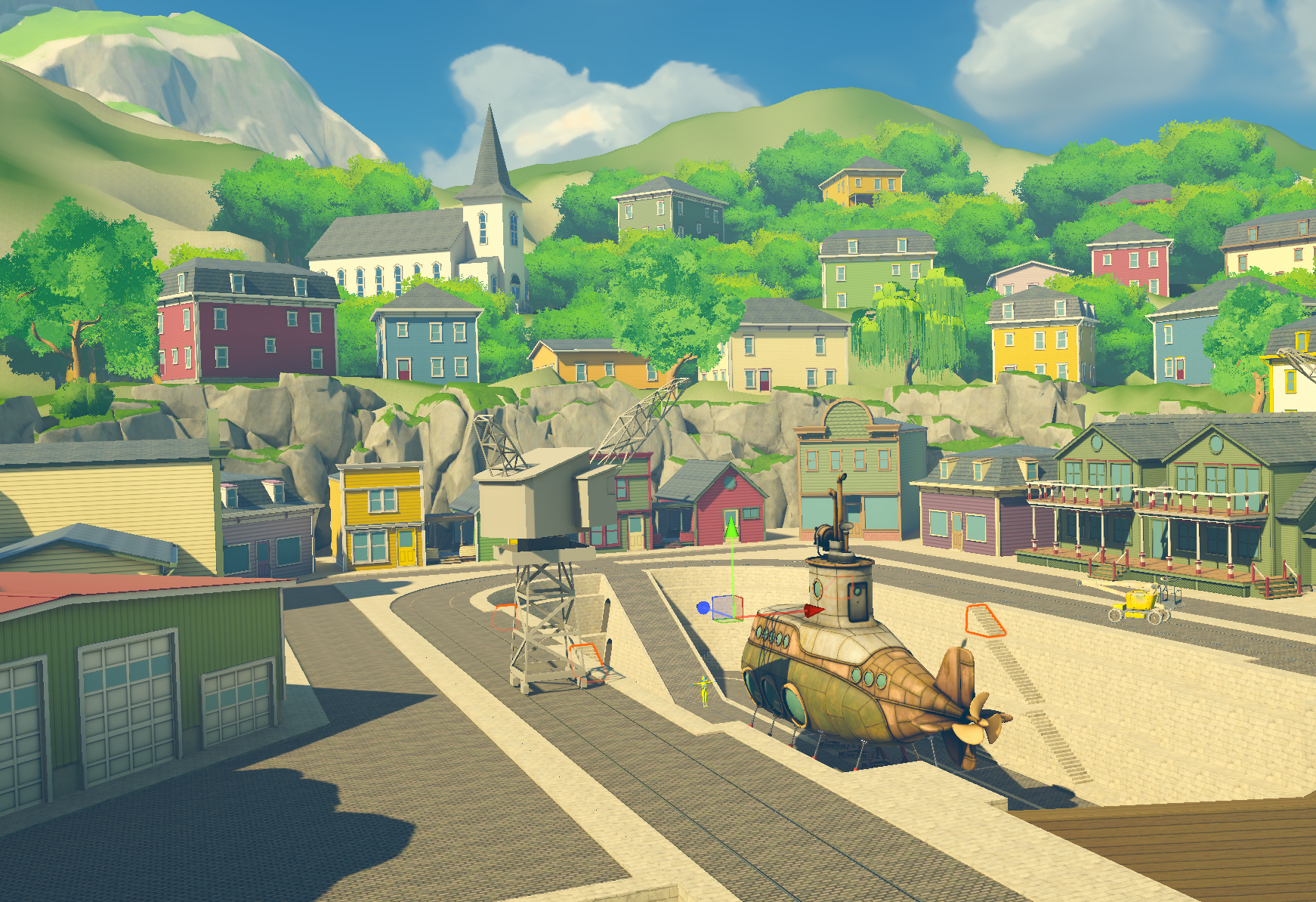 Video game environment with colorful houses on a hillside, a church with a steeple, and a mechanical submarine on a street below, under a clear blue sky.