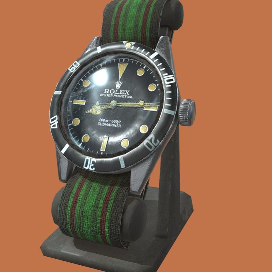 Vintage Rolex Submariner watch 3D prop on a stand with NATO strap, real-time model in Sketchfab