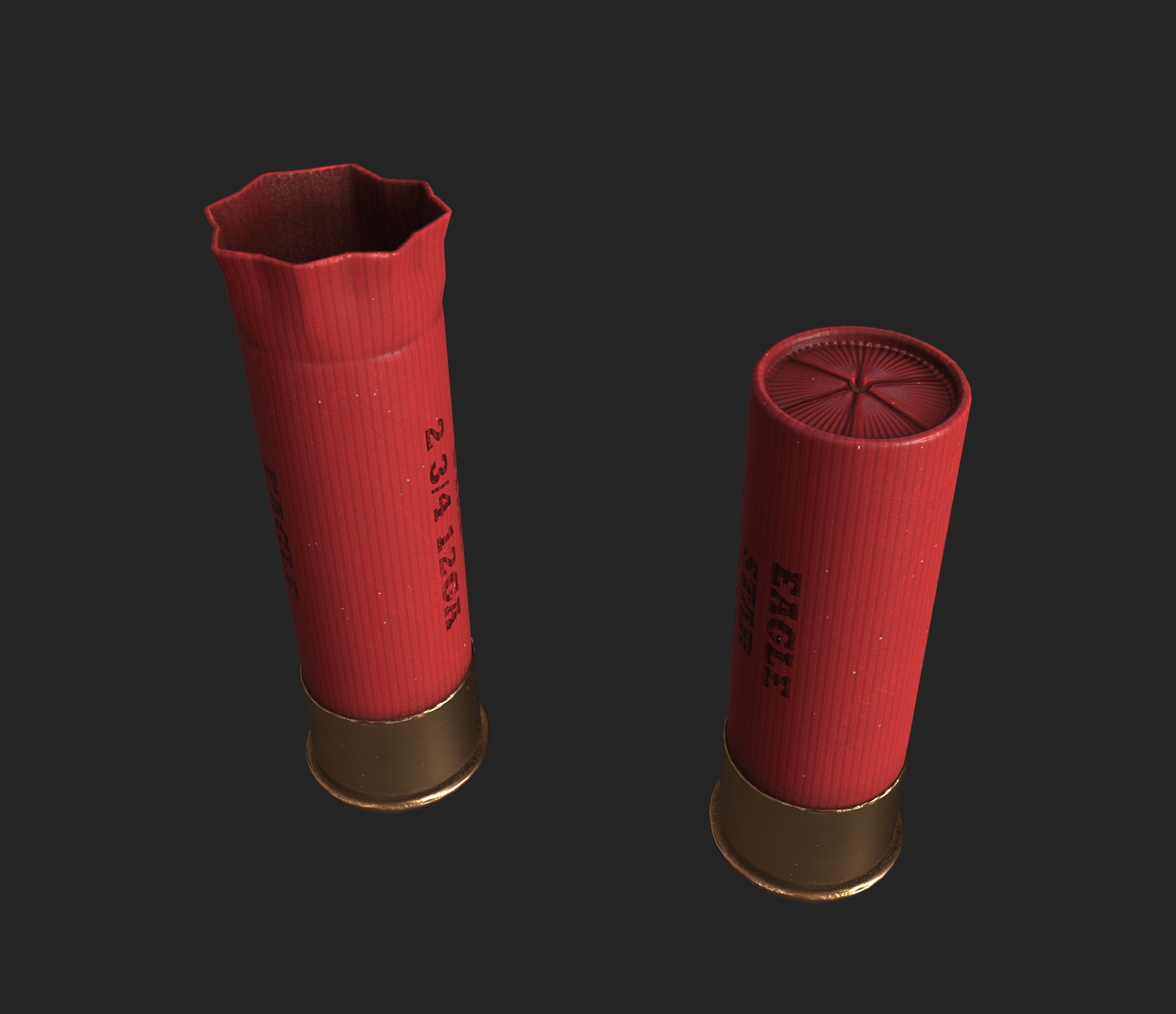 Game-ready 12-gauge shotgun shell viewed from above, showing the crimped end, and showing the open crimp after firing.