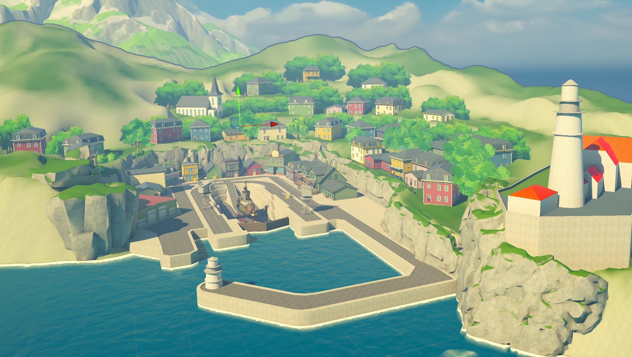 A colorful, animated seaside village with multicolored houses on green hills, a church with a steeple, a lighthouse, and a harbor with boats, surrounded by mountains and water.