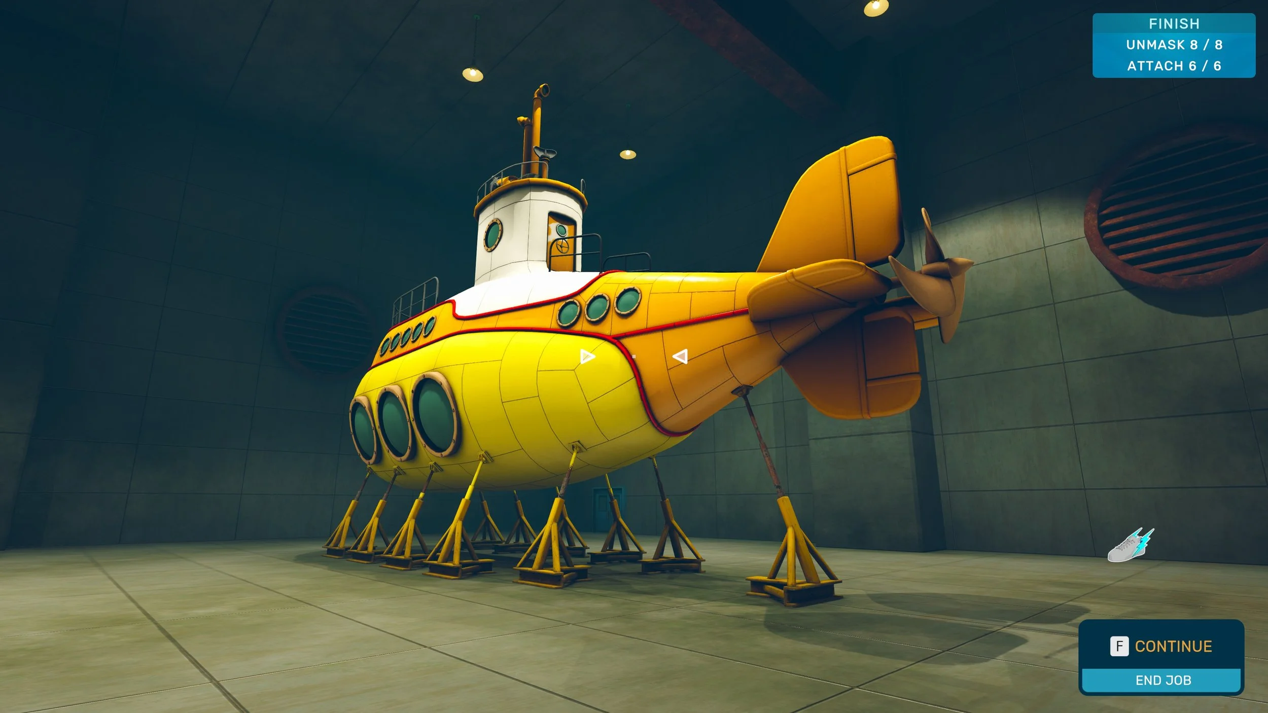 A yellow submersible vehicle with a white top, multiple circular windows, and a propeller at the back, stored indoors against a gray wall with air vents, with control options overlayed in the top right corner and navigation buttons at the bottom right.