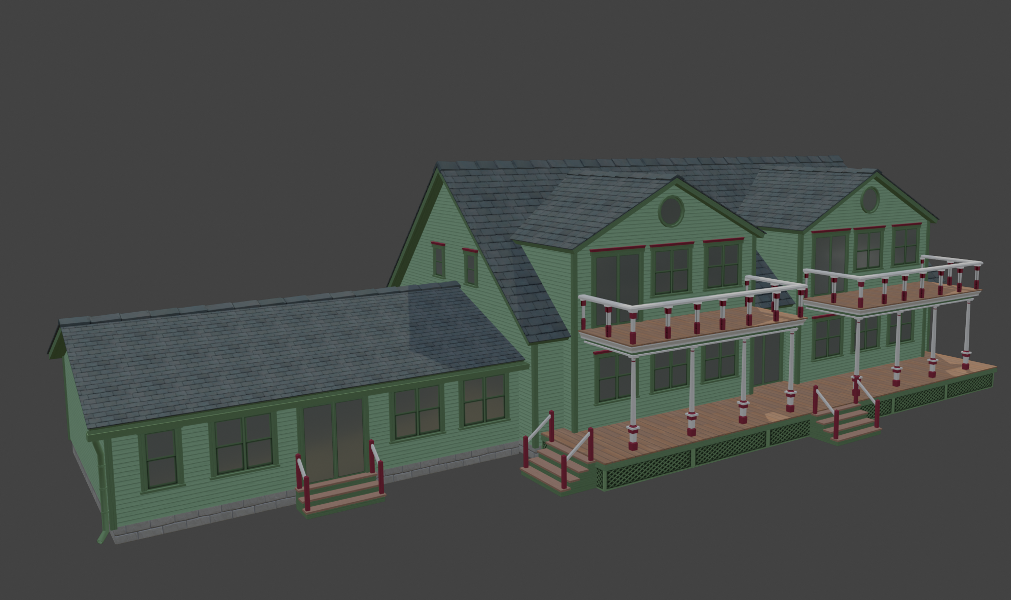 3D model of a green, multi-story house with balconies, front stairs, and gray shingle roof, set against a gray background.