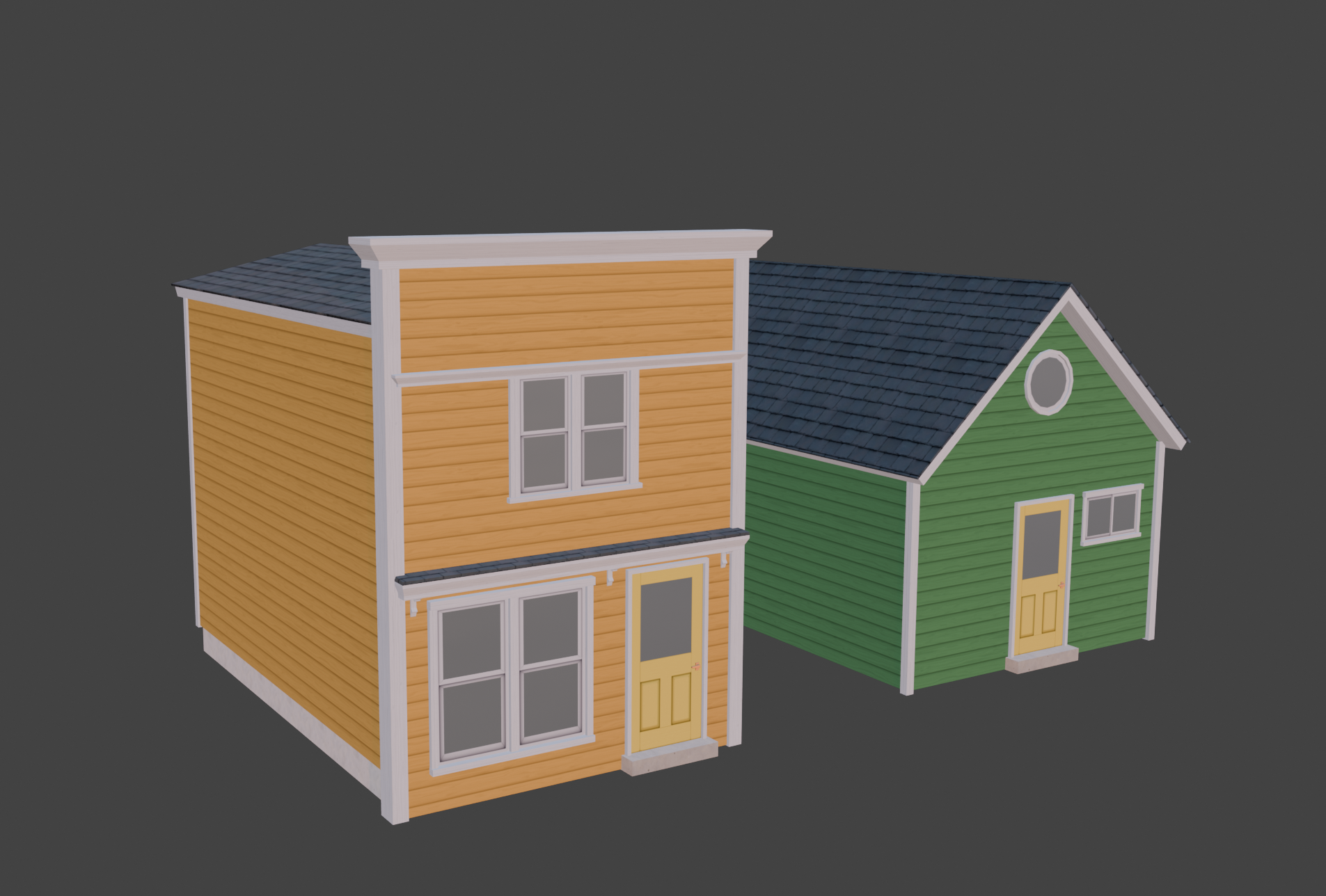 Two colorful, small houses with different siding colors, yellow and green, featuring gabled roofs and front doors, set against a dark background.