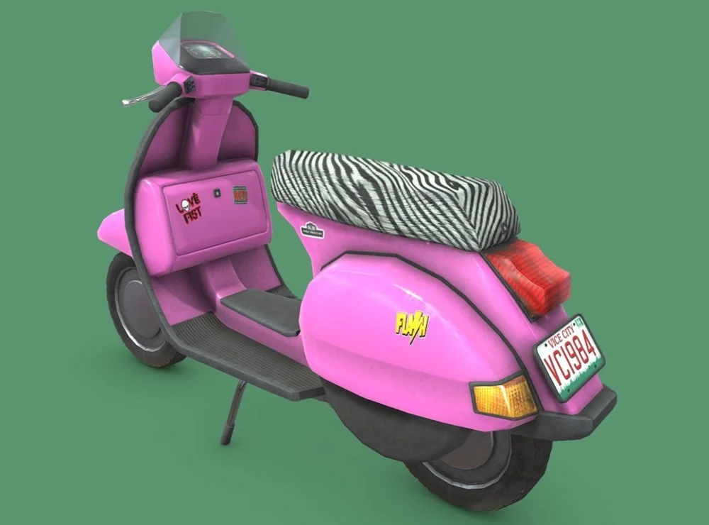 Faggio scooter from GTA Vice City in pink with zebra seat, 3D model rendered in Sketchfab