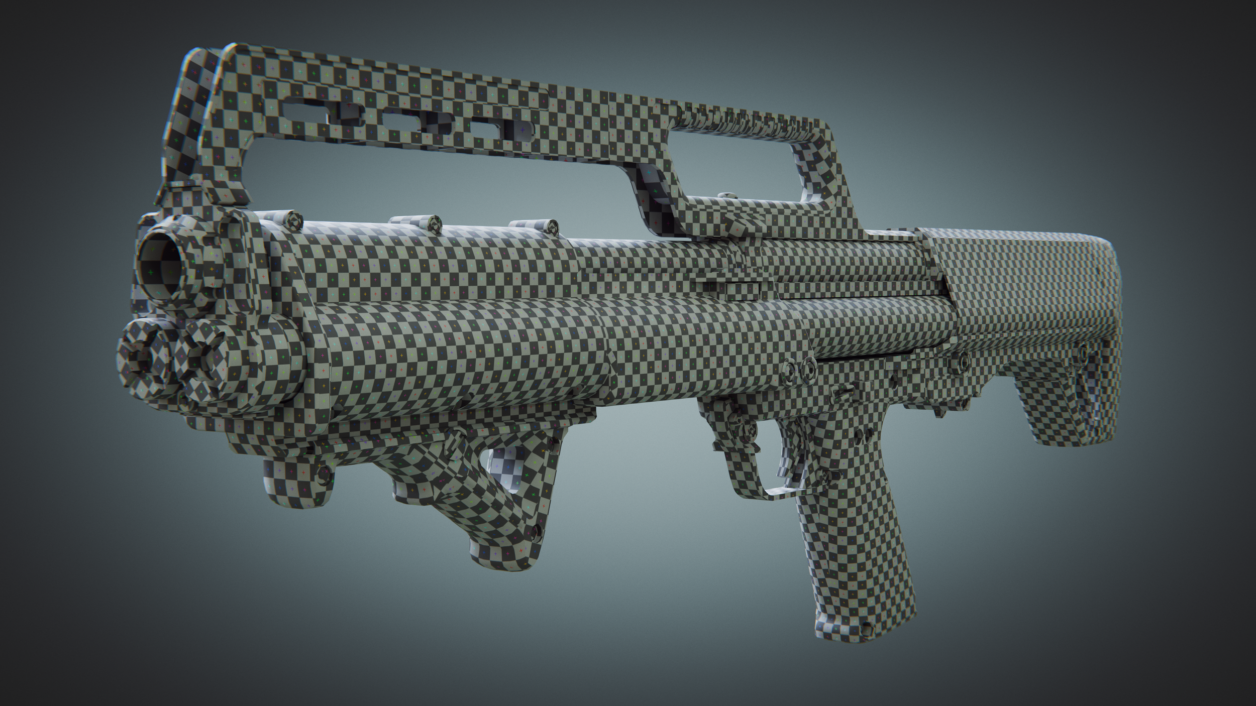 Kel-Tec KSG shotgun with UV checker map applied, showing texel density across the asset.