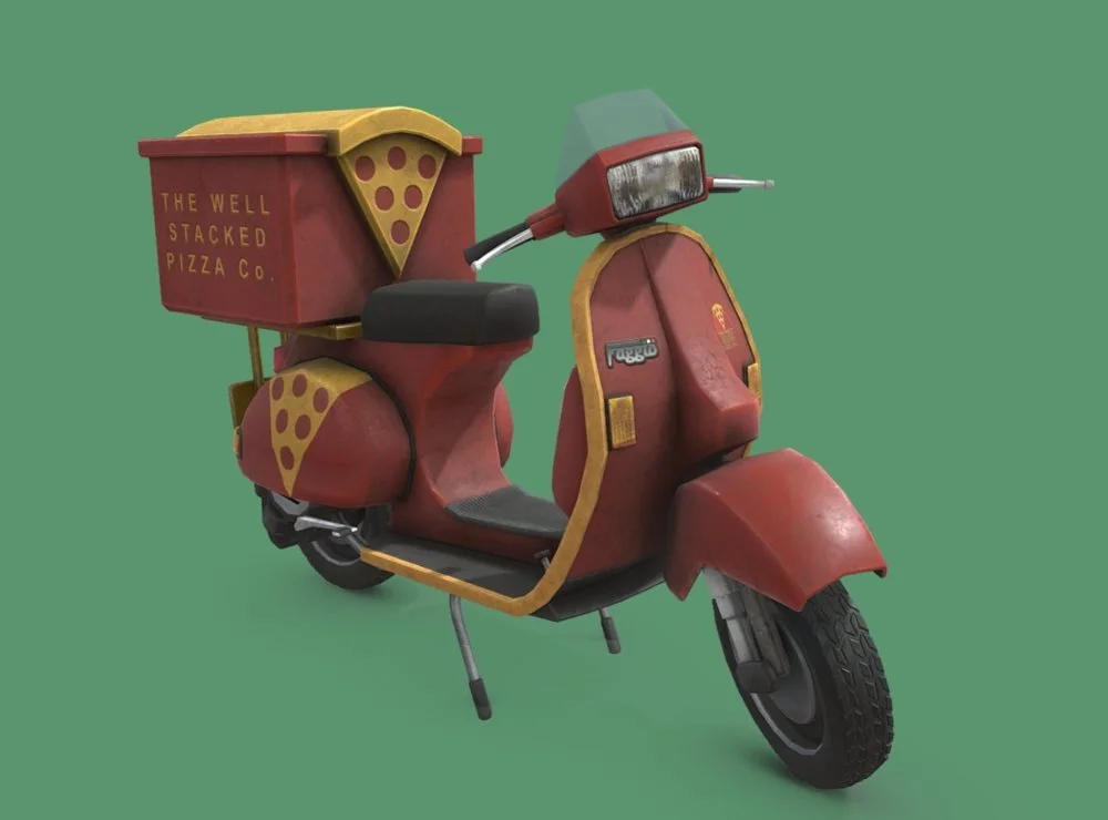 Faggio pizza delivery scooter, Well Stacked Pizza Co. version, 3D model rendered in Sketchfab