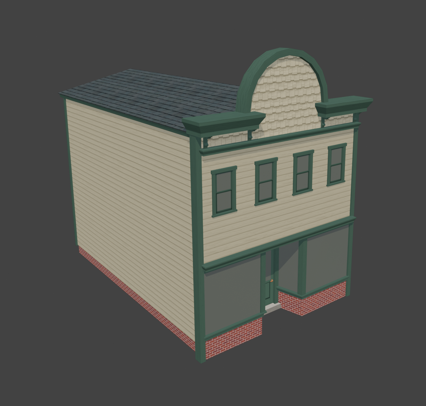 3D model of a two-story building with beige siding, green trim, a shingle roof, and large windows, featuring a curved decorative element on the upper facade.