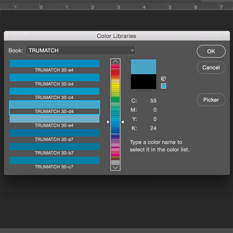 SELECT the colour referencing ‘BOOK’ that you are using. TYPE the colour name or number (quickly) to find your colour