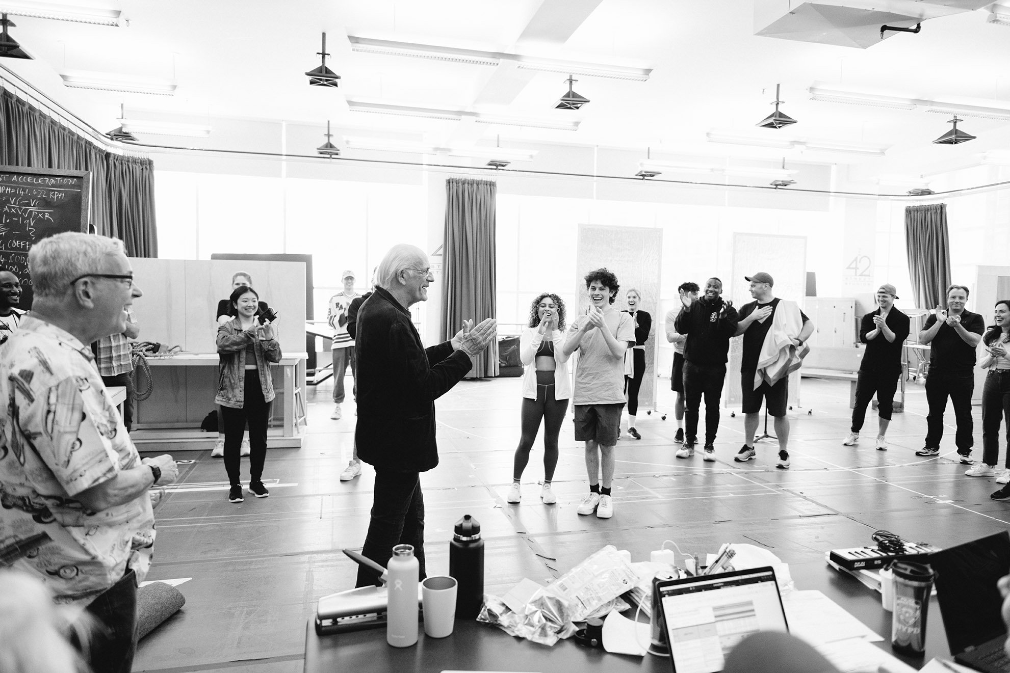 CHRISTOPHER LLOYD (left) surprises the Broadway company of BACK TO THE FUTURE in rehearsal