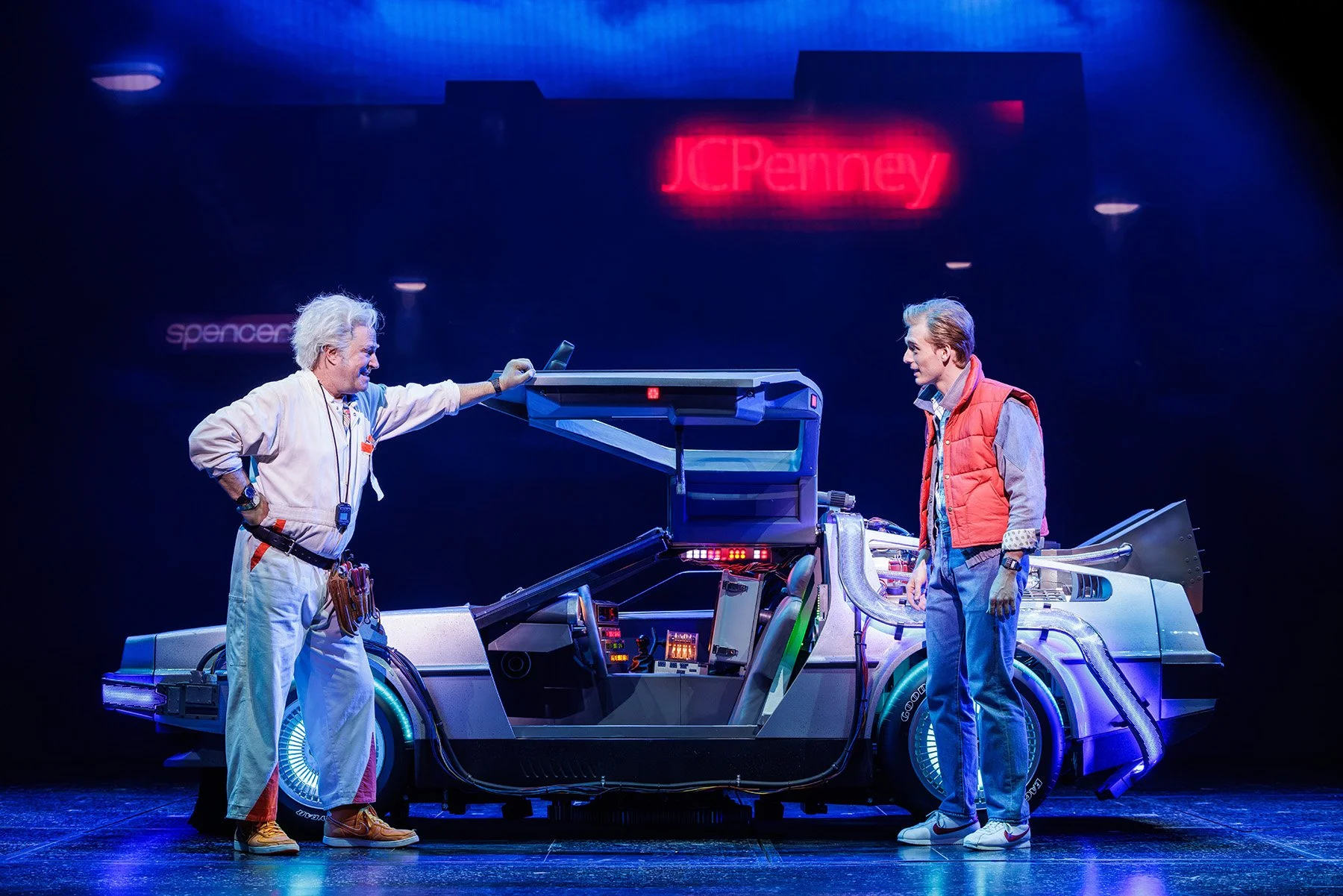 BACK TO THE FUTURE TOUR. Roger Bart (Doc Brown) and Axel Duffy (Marty McFly). Credit Daniel Boud