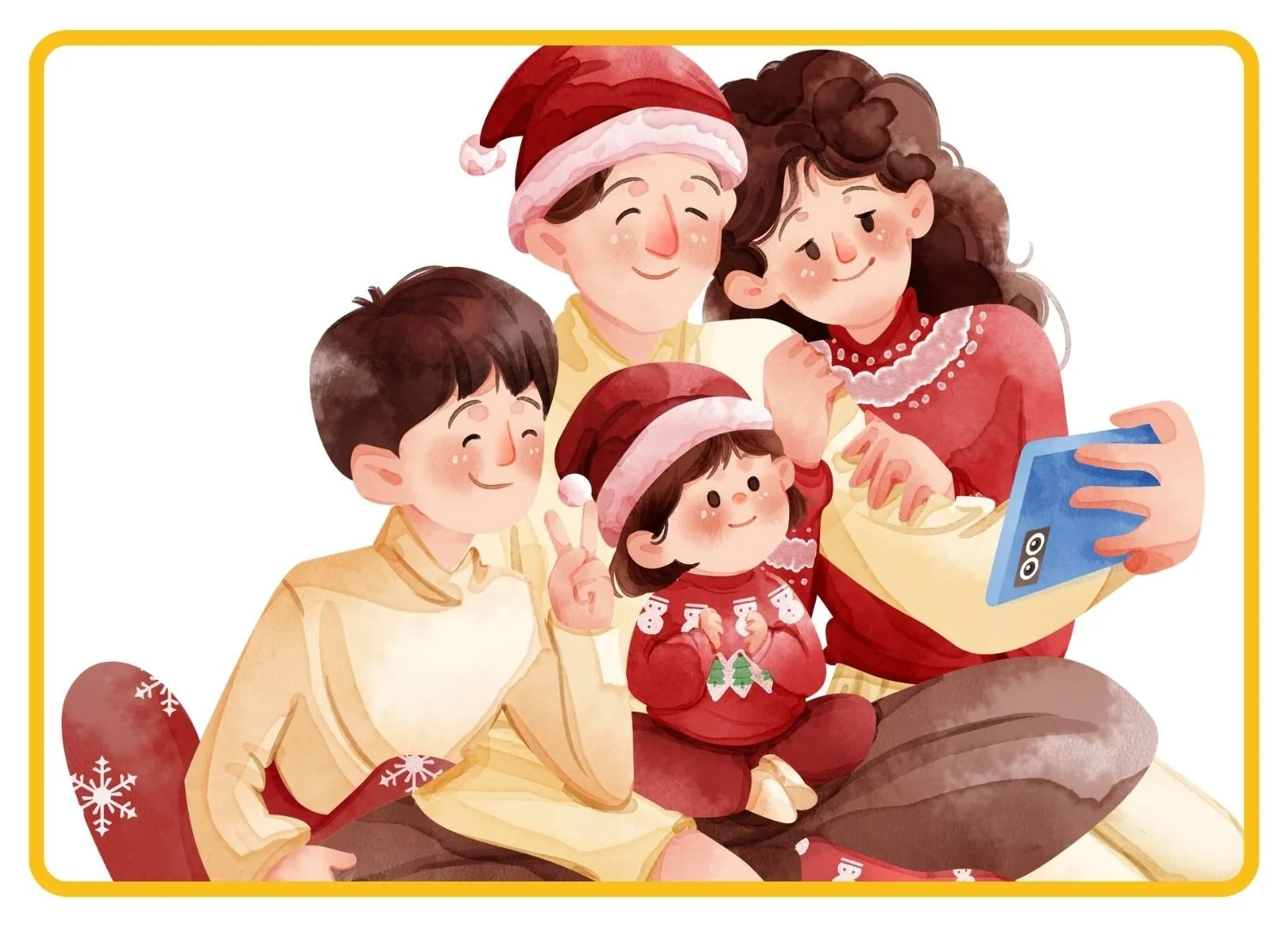 A family in their pyjamas chatting with people via video chat during the holiday season