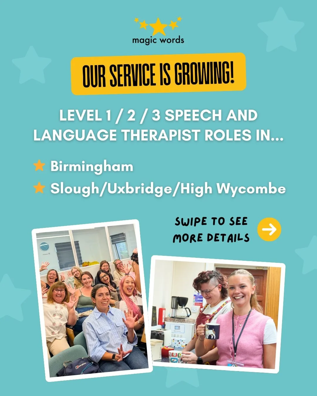 Our service is growing - join our team of Magic Stars!
We are pleased to announce two new SaLT roles open to all levels in:
⭐ Birmingham
⭐ Slough / Uxbridge / High Wycombe (and surrounding areas)
For more details, visit our Careers page - link in b