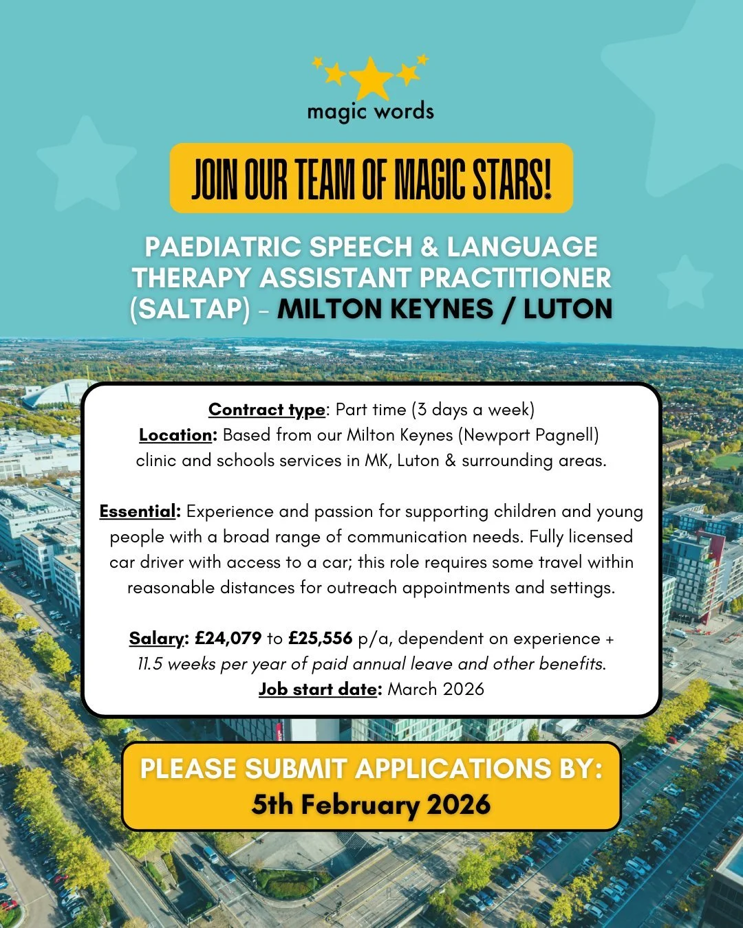 We're hiring a Speech and Language Therapy Assistant Practitioner! ⭐ 

Part-time SaLTAP role based in Milton Keynes, Luton &amp; Surrounding Areas. Applications are due by 5th February, with a start date in March 2026. For more information or to appl
