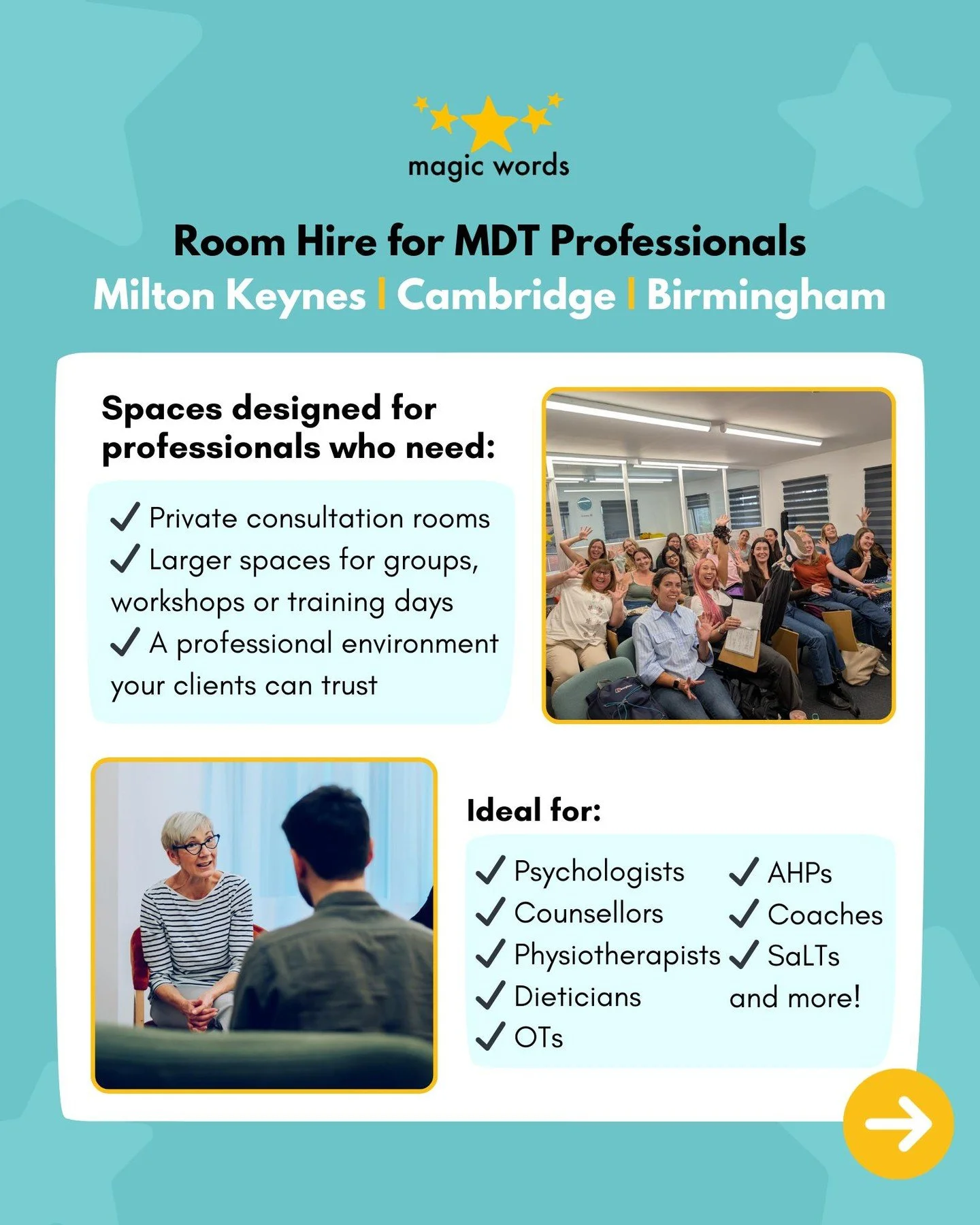 Your caseload isn&rsquo;t one-size-fits-all and your clinic space shouldn&rsquo;t be either. We offer flexible room hire options for MDT &amp; allied health professionals in Milton Keynes, Cambridge &amp; Birmingham.

Hire by the hour or choose our u