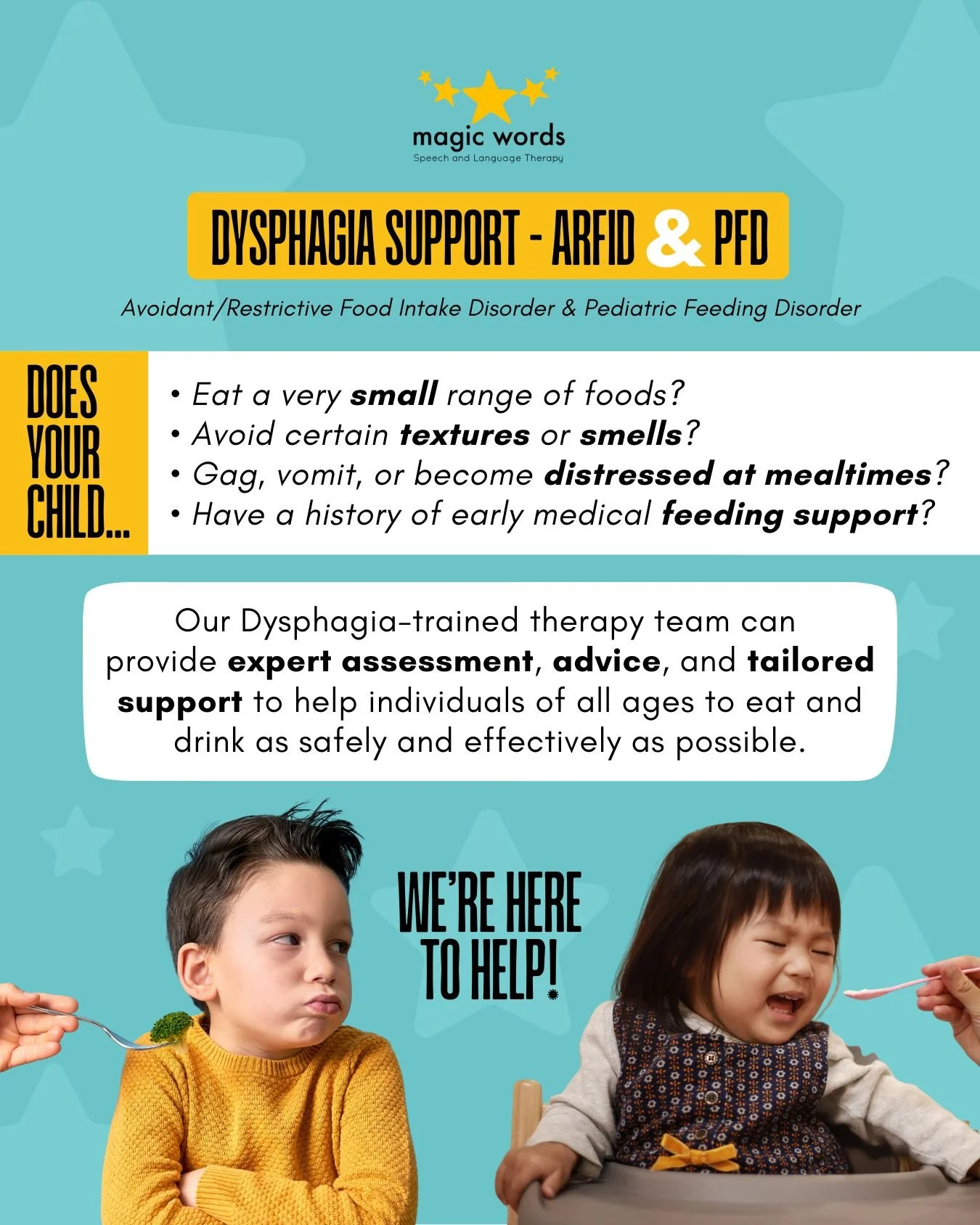 If you or someone you support is experiencing difficulties with eating, drinking, or swallowing related to ARFID / PFD, we're here to help!

Our Dysphagia-trained therapists specialise in providing expert assessment, advice, and tailored support to h