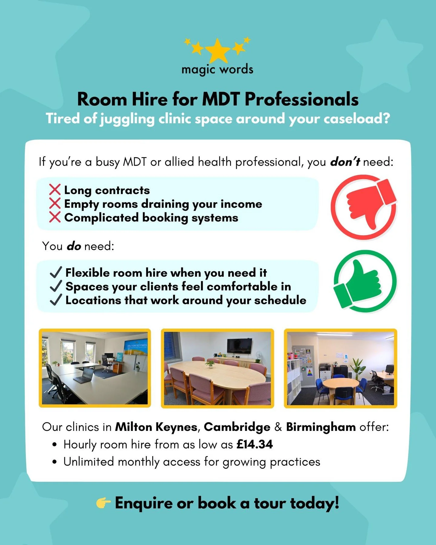 Your caseload isn&rsquo;t one-size-fits-all and your clinic space shouldn&rsquo;t be either. We offer flexible room hire options for MDT &amp; allied health professionals in Milton Keynes, Cambridge &amp; Birmingham.

Hire by the hour or choose our u